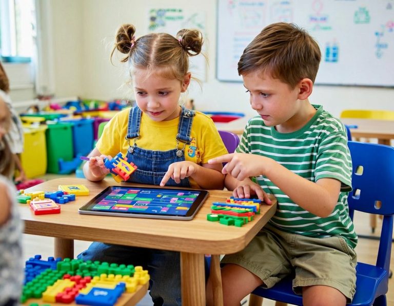 Bright Minds Weekend Club Home Page Children playing with building blocks and a tablet in a classroom setting.